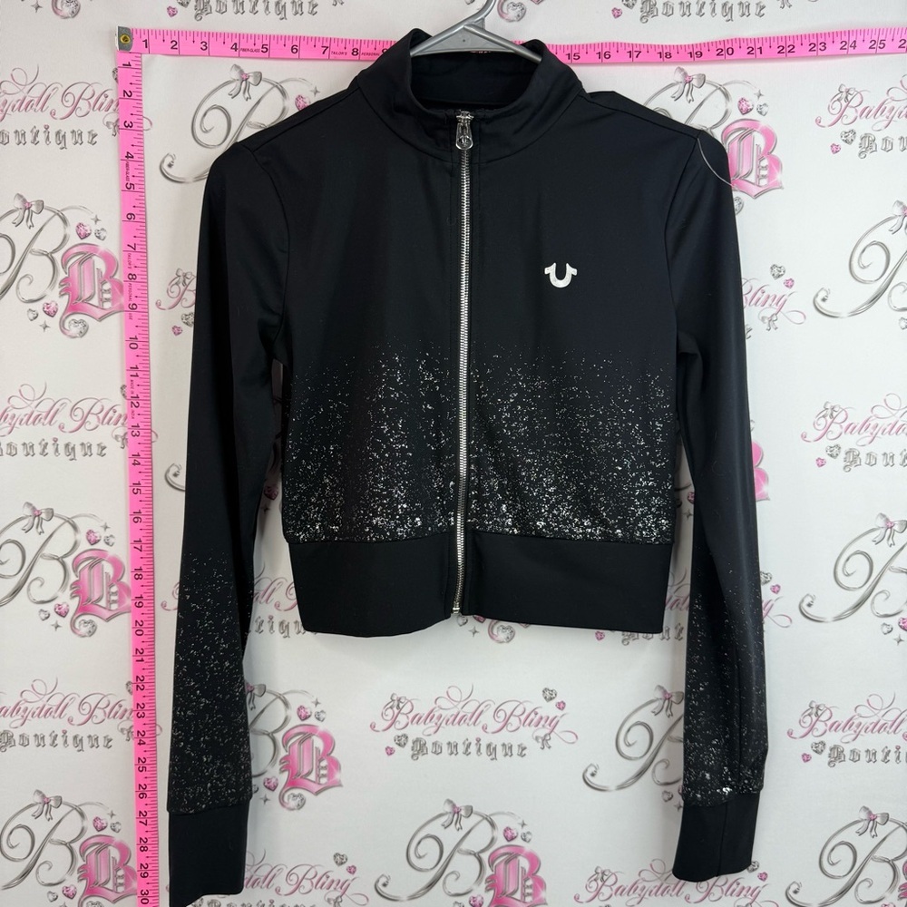 True Religion sweater silver black Zip-Up Jacket with Speckled Shine sparkle